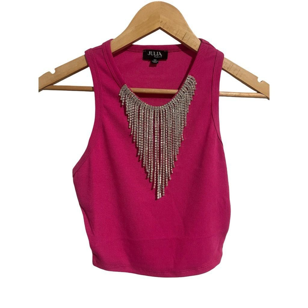 Julia By Love J Pink Rhinestone Fringe Ribbed Tank Top Medium